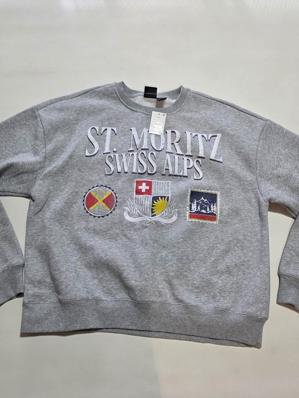 MAD Engine Grey St. Moritz Swiss Alps Crewneck Sweatshirt, Size S.